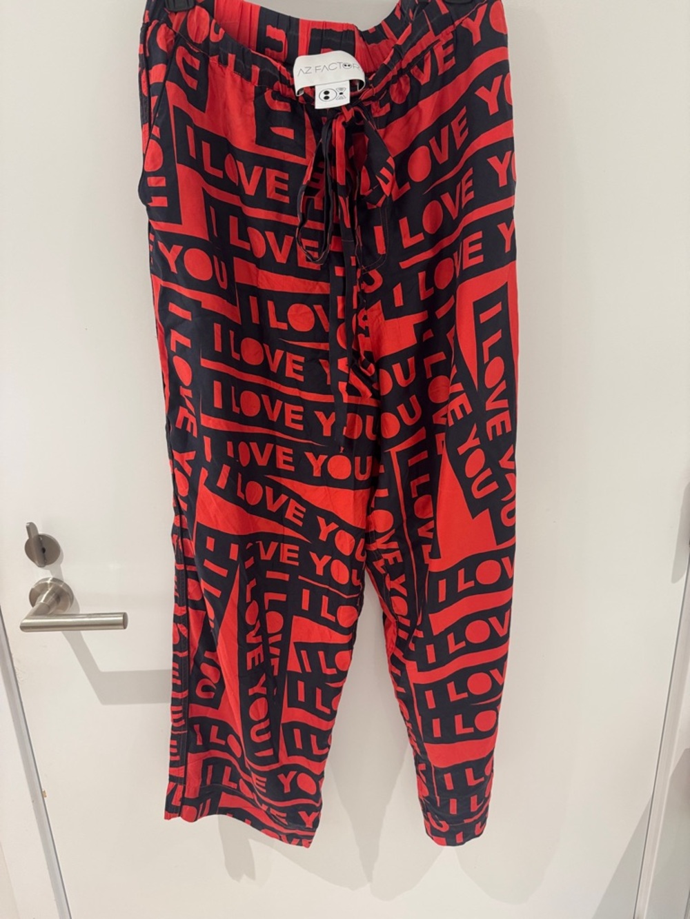 AZ Factory Red and Black 'I Love You' Graphic Silk Pants
